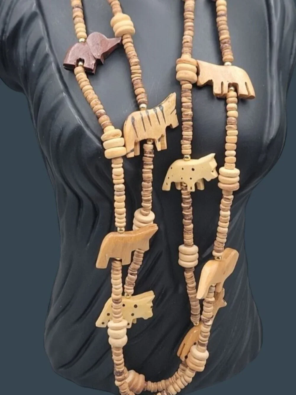 Vintage Double Strand Hand Carved Wooden Safari Animal 16